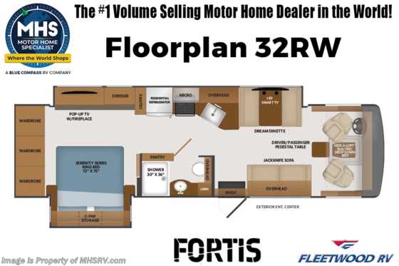 2023 Fleetwood Fortis 32RW W/ King, W/D, Collision Mitigation, Steering Stabilizer System, Theater Seats Floorplan