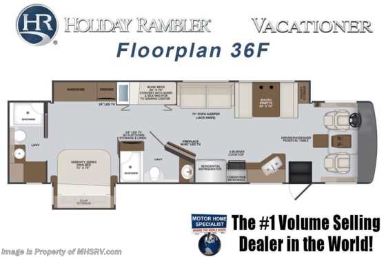 2022 Holiday Rambler Vacationer 36F 2 Full Bath Bunk Model W/Steering Stabilizer Sys, W/D, Satellite, Collision Mitigation Floorplan