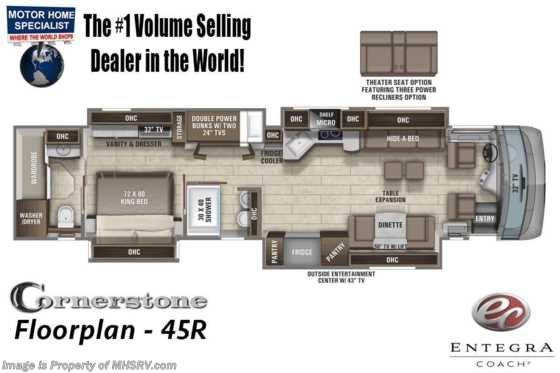 2021 Entegra Coach Cornerstone 45R Bunk Model Bath and 1/2 W/ 605HP, Solar, King Size Bed, Stonewall Gray Floorplan