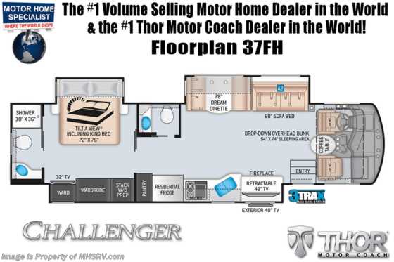 2022 Thor Motor Coach Challenger 37FH Bath &amp; 1/2 RV W/ Inclining King Bed, OH Loft, Ext TV, Theater Seats Floorplan