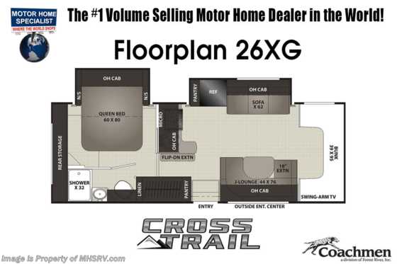 2022 Coachmen Cross Trail XL 26XG W/ Dual Swivel Seats, Ext. TV, Stabilizer Jacks, 2 A/Cs, Side View Cams Floorplan