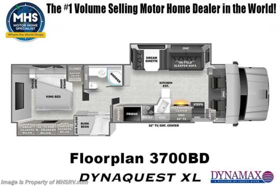 2023 Dynamax Corp Dynaquest XL 3700BD Bunk Model Super C W/ Theater Seats, Cab Over, Solar, W/D &amp; More Floorplan
