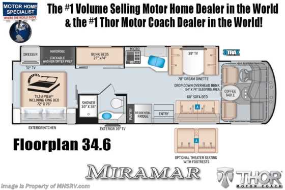 2022 Thor Motor Coach Miramar 34.6 Bunk Model W/ FBP, Theater Seats, Dual Pane Windows &amp; King Bed Floorplan