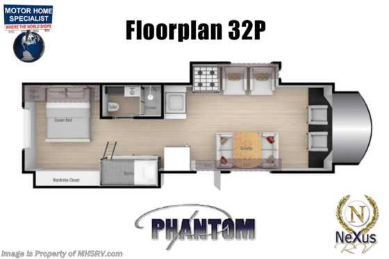 2022 Nexus Phantom 32P Bunk Model W/ Bedroom TV, Fiberglass Roof, Steel Construction, FBP, Exterior TV, Res Fridge Floorplan