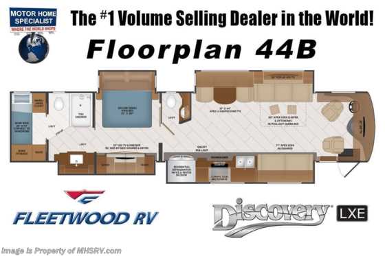 2022 Fleetwood Discovery LXE 44B Bath &amp; 1/2 Bunk Model W/ Oceanfront Collection, Blind Spot Detection, 450HP, Theater Seats, Tech Pkg, In Motion Satellite Floorplan