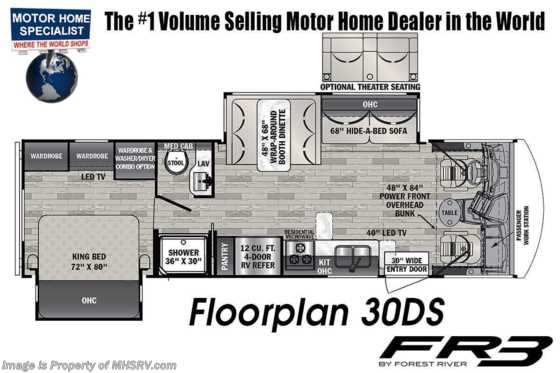 2022 Forest River FR3 30DS W/ OH Loft, Theater Seats, W/D, King, 3 Burner w/ Oven Floorplan