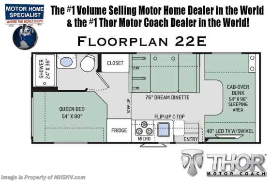 2022 Thor Motor Coach Four Winds 22E W/ Home Collection, Ext TV, 3 Cams, High Output A/C & Convenience Pkg Floorplan