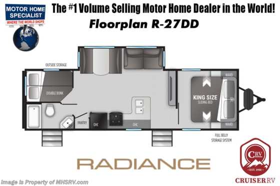 2022 Cruiser RV Radiance 27DD Bunk Model W/ Theater Seats, 2 A/Cs, Sliding King Bed, Pwr Stabilizers Floorplan