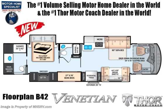 2022 Thor Motor Coach Venetian B42 2 Full Baths, Bunk House W/Aqua Hot, King Bed, Dishwasher Floorplan