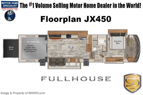 2022 DRV Full House JX450 Toy Hauler W/Theater Seating, Happijac Bed &amp; Sofa, Upgraded Paint, Washer/dryer, Sat Floorplan