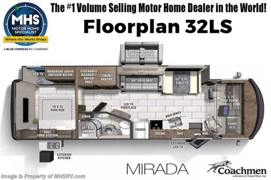 2023 Coachmen Mirada 32LS W/ Power Theater Seats, Exterior Kitchen, Stackable W/D, King Bed Floorplan