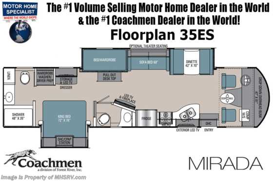 2022 Coachmen Mirada 35ES Bath &amp; 1/2 Bunk Model W/ B-O-W Living System, Stack W/D, Recliner &amp; More! Floorplan