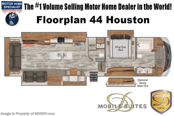2022 DRV Mobile Suites 44 Houston Luxury Bath &amp; 1/2 Model W/ Ext. Entertainment, W/D, Inverter, Heat Pads &amp; More Floorplan