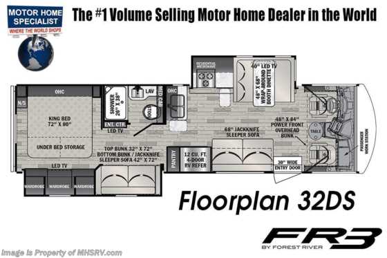 2023 Forest River FR3 32DS Bunk Model W/ 4 Point Hydraulic Leveling Jacks, Power Patio Awning and Ext. Shower Floorplan