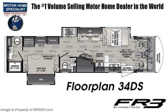 2023 Forest River FR3 34DS Bath &amp; 1/2 W/ 2 Slides, Combo W/D, King Bed &amp; Theater Seating Floorplan