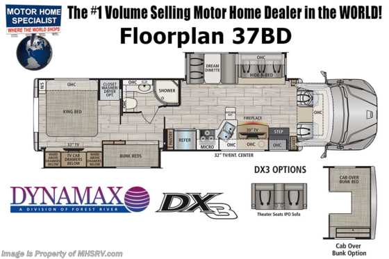 2022 Dynamax Corp DX3 37BD Bunk Model W/ Chrome Pkg., Cab Over Bunk, W/D, Pwr Theater Seats &amp; More Floorplan