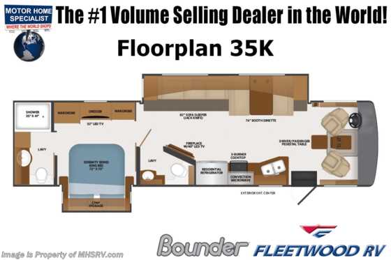 2022 Fleetwood Bounder 35K W/ Theater Seating, Satellite, Solar, WiFi Pkg, W/D, Sumo Springs, Collision Mitigation, Steering Stabilizer &amp; More! Floorplan