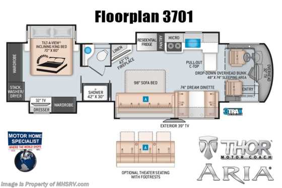2022 Thor Motor Coach Aria 3701 W/ Dual A/Cs, Residential Fridge, Stackable W/D, Exterior TV & More Floorplan