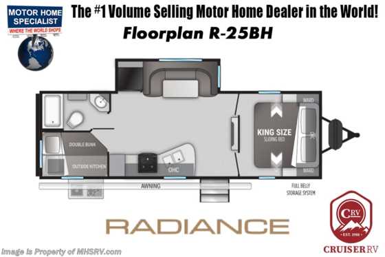 2022 Cruiser RV Radiance 25BH Bunk Model W/ Power Stabilizing Jacks, Aluminum Rims, King Bed Sliding System Floorplan