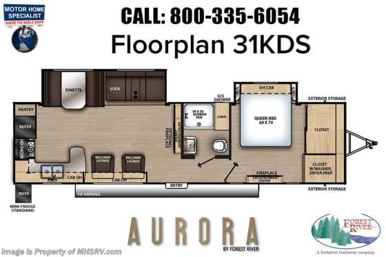 2022 Forest River Aurora 31KDS W/ Fireplace, Shower Skylight, Solar, Designer Kitchen Pkg, Oven &amp; More Floorplan