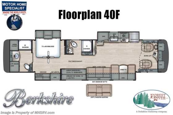 2022 Forest River Berkshire 40F 2 Full Bath Bunk Model Diesel Pusher RV W/ Stackable Washer &amp; Dryer and Theater Seating Floorplan