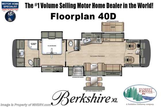 2022 Forest River Berkshire XL 40D Luxury Bath &amp; 1/2 W/ King Bed, Fireplace, Dishwasher, Stackable W/D, Theater Seating &amp; More Floorplan