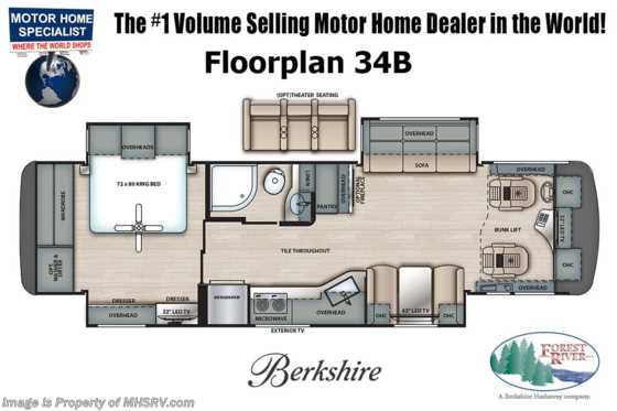 2022 Forest River Berkshire 34B Diesel Pusher W/ Theater Seats, Stack W/D, 3 Cam Monitoring, King Bed &amp; More Floorplan