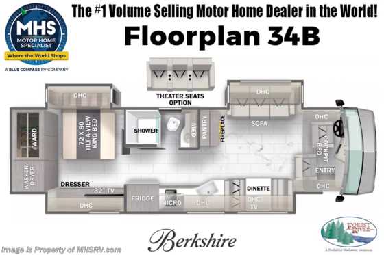 2023 Forest River Berkshire 34B Diesel Pusher W/ Matte Finish Ceramic Tile, Theater Seating &amp; More Floorplan