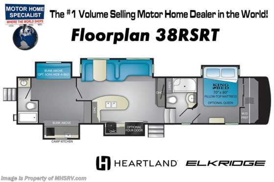 2022 Heartland RV ElkRidge ER 38 RSRT 2 Full Baths Bunk Model W/Salon Style Sofa, King Bed, Generator Prep Floorplan