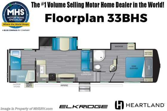 2022 Heartland RV ElkRidge 33BHS Bunk Model W/ Gen Prep, King Bed &amp; More Floorplan