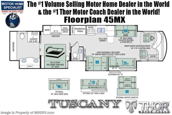 2022 Thor Motor Coach Tuscany 45MX Luxury Bath &amp; 1/2 W/ Beautiful Full Body Paint, Theater Seats &amp; Dual Power Slide Storage Trays Floorplan
