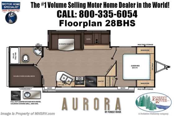 2022 Forest River Aurora 28BHS Double Bunk Model W/ Alum Rims, Auto Leveling, HideABed, Power Tongue Jack, Power Awning &amp; More Floorplan