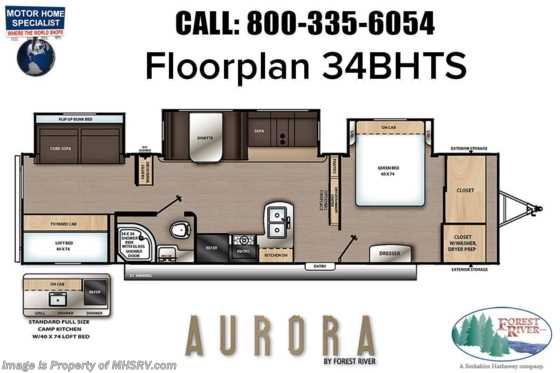 2022 Forest River Aurora 34BHTS Bunk Model W/ Fireplace, Power Tongue Jack, Alum Rims, HideABed, Spare Tire &amp; More Floorplan