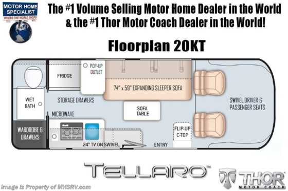 2023 Thor Motor Coach Tellaro 20K W/ New 9 Speed Tranmission, Lane Assist, Large Digital Display, Swivel Seats &amp; Rain Sensors Floorplan