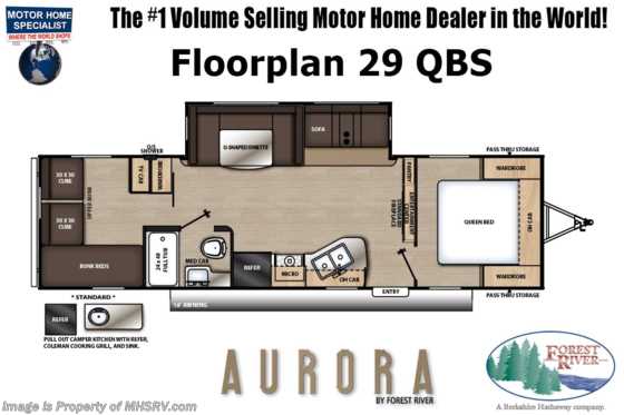 2022 Forest River Aurora 29QBS Bunk Model W/ Alum Rims, Fireplace, 50AMP, Hide-A-Bed &amp; Theater Seats Floorplan
