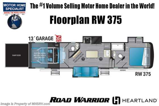 2022 Heartland RV Road Warrior 375RW Luxury Toy Hauler Bunk Model - 3 A/Cs, Removable Garage Walls, Cargo Carpet &amp; Much More Floorplan