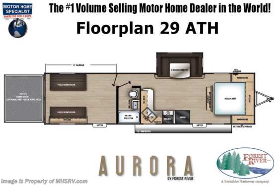 2022 Forest River Aurora 29ATH Toy Hauler W/ Party Deck, Dual Garage Sofas, Full Tub, Entertainment Center &amp; More Floorplan