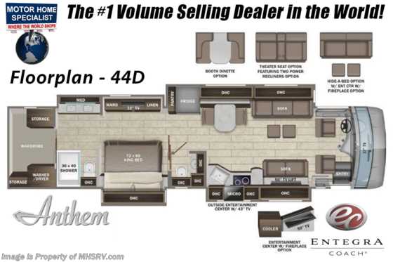 2022 Entegra Coach Anthem 44D Bath &amp; 1/2 W/ Theater Seating, Booth Dinette, FBP, Solar &amp; Stone Gray Cabinetry Floorplan