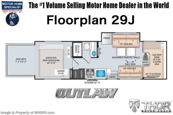 2022 Thor Motor Coach Outlaw Toy Hauler 29J Toy Hauler W/ Cabover Safety Net, Solar, Auto Leveling Jacks, Wifi &amp; More Floorplan