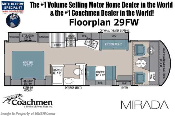 2022 Coachmen Mirada 29FW With King Sized Bed, Solar, Exterior TV, Dual A/Cs Floorplan