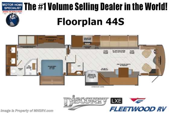 2023 Fleetwood Discovery LXE 44S Bath &amp; 1/2 W/ 2nd Full Bay Slide-Out Tray, Ext. Freezer, Oceanfront, Satellite, Floorplan