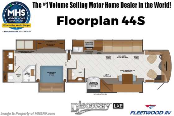 2023 Fleetwood Discovery LXE 44S Bath &amp; 1/2 W/ Ext. Freezer, UShaped Dinette, Heated Floors, Patio Awning &amp; More Floorplan