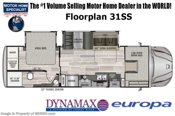 2022 Dynamax Corp Europa 31SS Super C W/ King Bed, Cummins Diesel Turbo Engine, Theater Seating, Air Ride Seats w/ Swivel Bases Floorplan