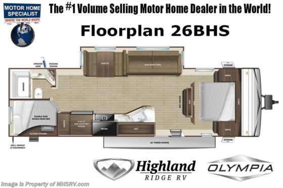 2022 Highland Ridge Olympia 26BHS Pet Friendly, Bunk Model W/ Solar Package, Upgraded Dual A/Cs, Fireplace, LED TV &amp; Much More Floorplan