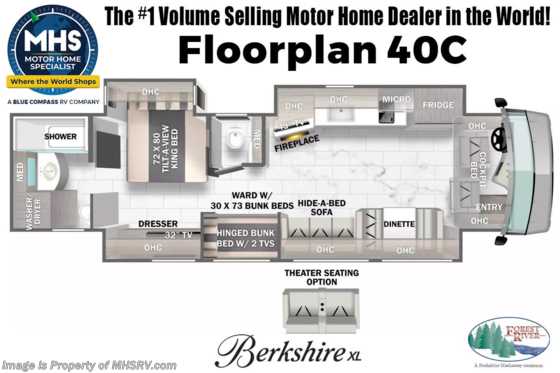 2023 Forest River Berkshire XL 40C -380 Bath &amp; 1/2 Bunk House W/ Theater Seats, King, Heated Floors, Stack W/D &amp; Satellite Floorplan