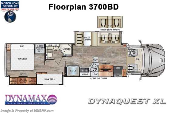 2022 Dynamax Corp Dynaquest XL 3700BD Bunk Model Super C W/ Black Out Pkg., Theater Seats, W/D &amp; More Floorplan