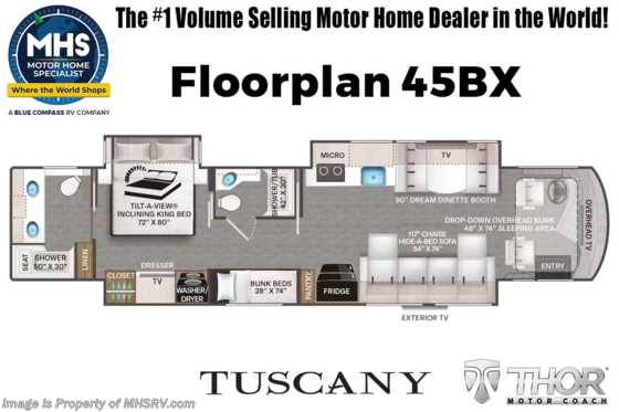 2023 Thor Motor Coach Tuscany 45BX Bunk Model RV W/ 2 Full Baths, Massive Chaise Lounge, King Bed &amp; 2 Power Slide Storage Trays Floorplan