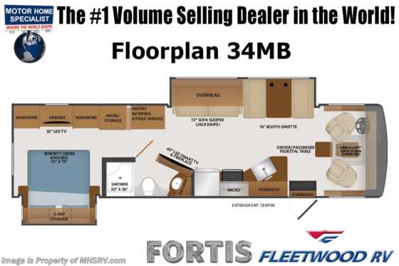 2022 Fleetwood Fortis 34MB W/ Oceanfront Collection, Theater Seating Sofa, W/D, Satellite, Power Driver Seat &amp; More Floorplan