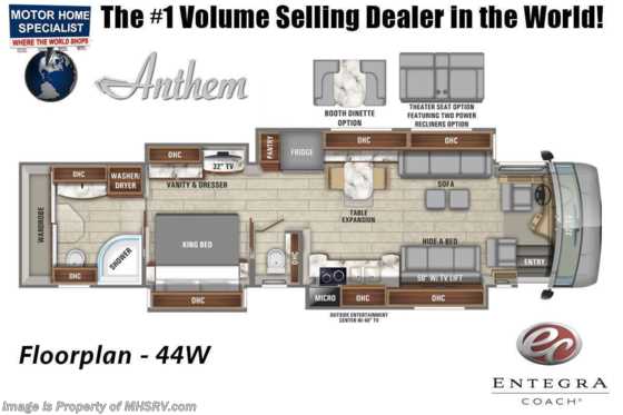 2023 Entegra Coach Anthem 44W Bath &amp; 1/2 W/ King Bed, Theater Seating, Upgraded Gen, Dual Solar &amp; Booth Dinette Floorplan
