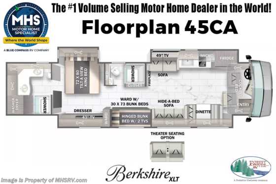2023 Forest River Berkshire XLT 45CA 2 Full Bath Bunk Model W/ Matte FBP, Basement Freezer, Satellite &amp; More Floorplan